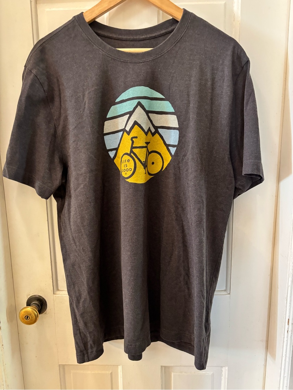 Life Is Good Men's Charcoal Tee with Yellow & Light Blue Mountain Bike Graphic